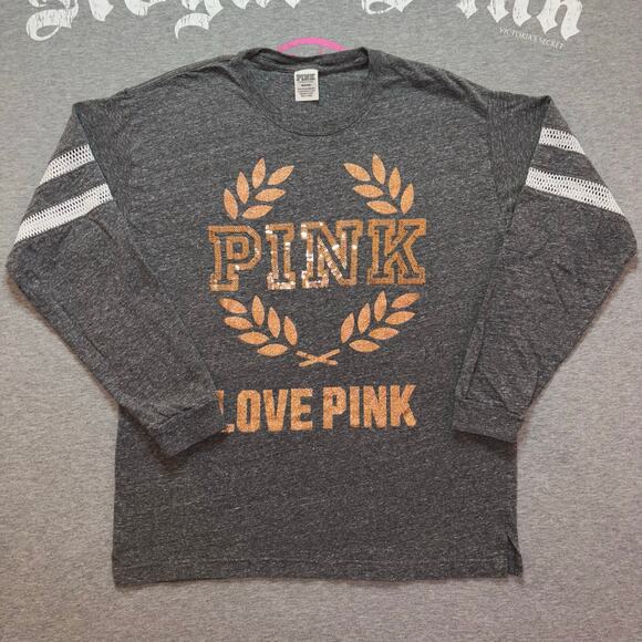 Victoria’s Secret PINK Marled Gray & Gold Sequin Bling Pullover Mesh Long Sleeve - Picture 2 of 8